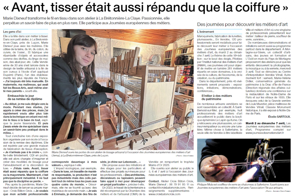 article ouest France avril 2024, atelier de tissage Croix Bâton Croix entreprise de Marie Dixneuf en Vendée